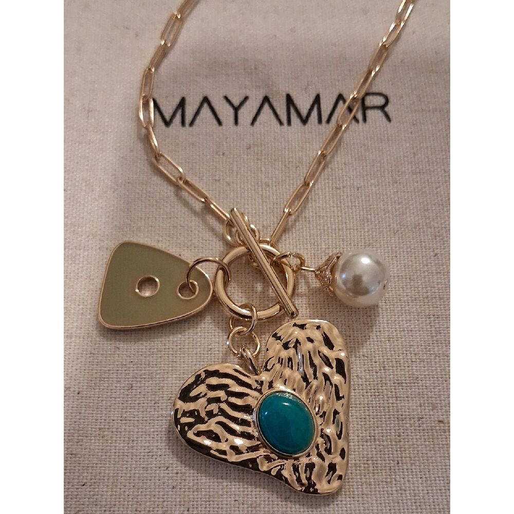 MAYAMAR Multi Gold Heart Charm Paperclip Necklace New With Pouch